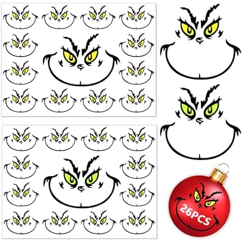 26 PCS Christmas Decorations Stickers, Yellow and Green Eyes Face Decals for Ornaments, Waterproof Vinyl Sticker for The Home, Christmas Balls, Party Supplies, Water Bottles … Cover