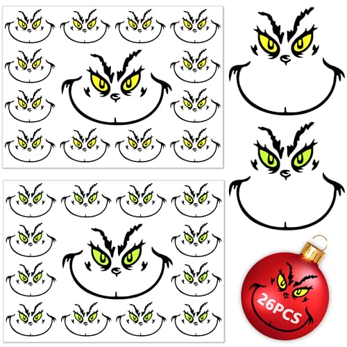 26 PCS Christmas Decorations Stickers, Yellow and Green Eyes Face Decals for Ornaments, Waterproof Vinyl Sticker for The Home, Christmas Balls, Party Supplies, Water Bottles …