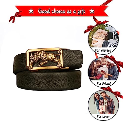 Ratchet Leather Belts with Golden Tiger Automatic Click Sliding Buckle Dress Belt Mens Adjustable Handmade Waist Strap(110cm/waist:37", Black)4