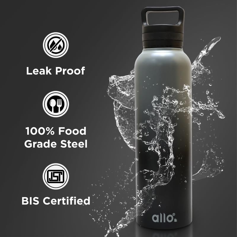 Image of Allo Stainless Steel Water Bottle For Adults, Kids 950ml Water Bottles For School, Office, Sports, Gym 950ml Water Bottle For Men And Women, Pack Of 5| Leak Proof, Bpa Free, Dark Grey And Black