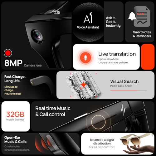Image of Fire-Boltt Fire-Lens F2 AI Camera Smart Glasses, 8MP Camera, Hands-Free Photo & Video, Vision AI, 32GB Storage, Open-Ear Audio, Voice & Touch Control
