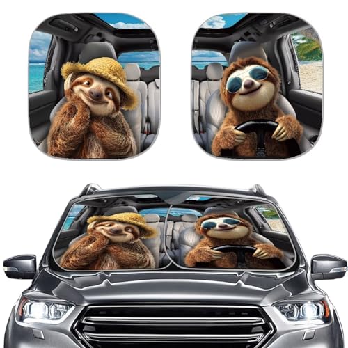 Image of Sloth Car Windshield Sun Shade Foldable 2-Piece Car Windshield Sunshades Window Shades Cover Sun Visor Shield for Most Sedan Truck SUV Auto Interior Protector