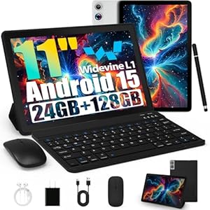 Tablet, Android Tablet 11 Zoll mit 24GB RAM + 128GB ROM (1TB TF), Octa-Core, Widevine L1, WiFi 6 & BT 5.3, 6800mAh Akku, Dual Kamera – Tablet mit Tastatur, Maus, Stift & Hülle