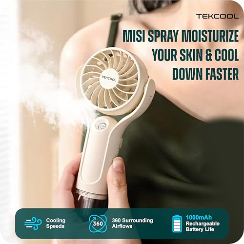 Image of TEKCOOL Mini Handheld Fan, Brushless Motor Portable Hand Fan with Lanyard, 3 Speeds Small Fan, USB Fan Rechargeable for Indoor and Outdoor Use by Women and Men, Table Fan Base Included (Mist White)