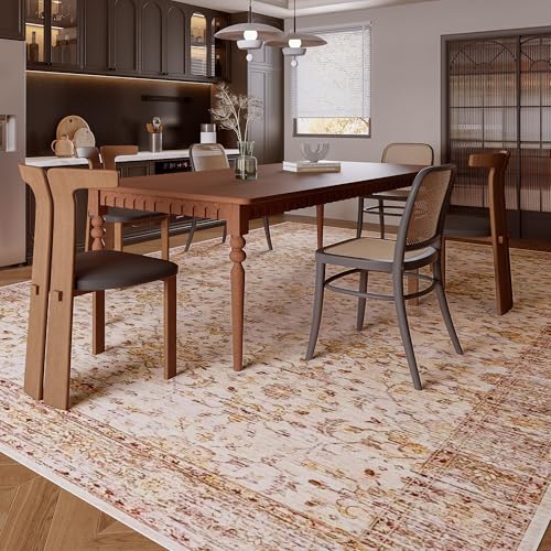 Vintage 8x10 Washable Area Rug, Low-Profile Large Area Rug with Non-Slip Backing & Durable Edge Binding, Pet-Friendly Carpet, Large Rug for Living Room, Bedroom, Dinning Room
