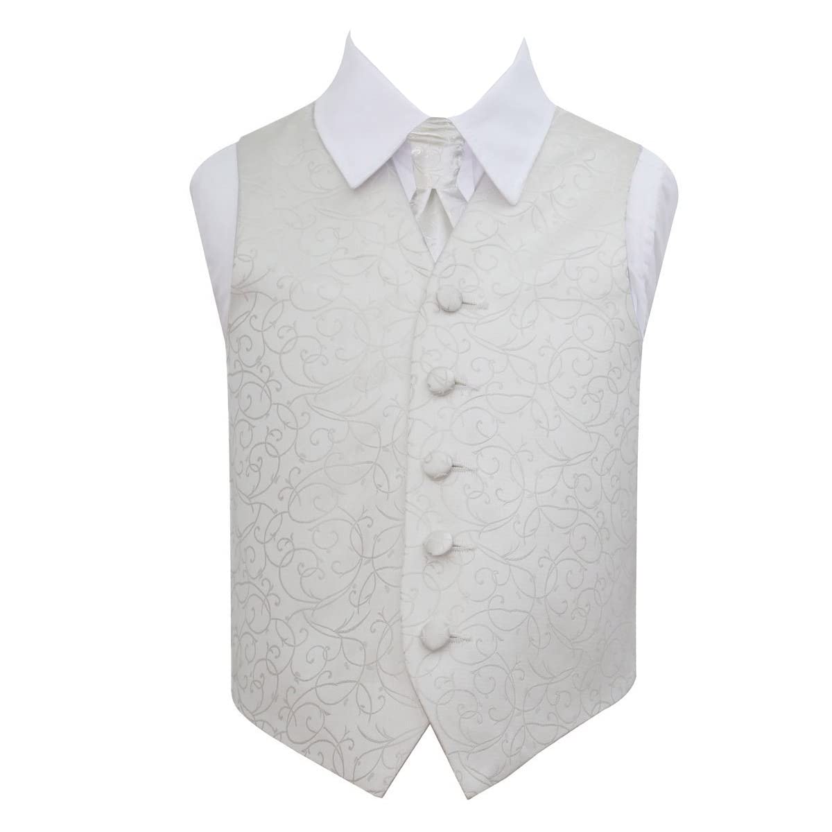 Dqt Boys Ivory ’ Swirl Floral Jacquard Wedding Waistcoat & Cravat Set For Page And Formal Suit - 7-8 Years 28"