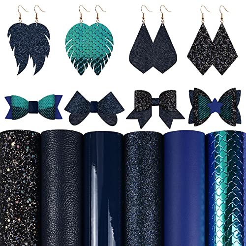 6 Stück 20,3 x 30,5 cm Kunstleder-Blätter, Schwarz, Marineblau, feiner dicker Glitzer, Litchi-Meerjungfrauen-Schuppe, Kunstleder, für Schleifen, Ohrringe thumbnail