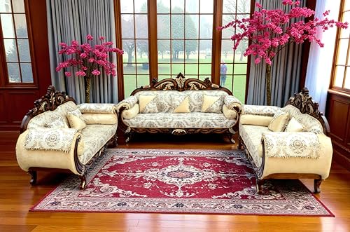 Image of Wooden 7 Seater Sofa Set, Solid Sheesham Wood Sofa 3+2+2 with Polish Finish, Traditional Design Furniture for Living Room, Home, Bedroom, Hall