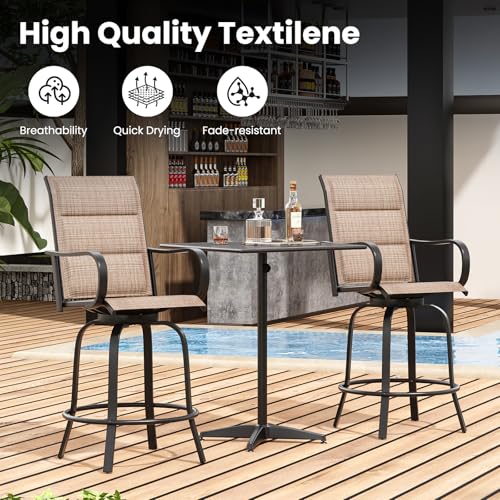 Image of Soohow Swivel Patio Bar Stools Set of 8, Textilene Padded Barstools Brown | 360 Swivel Tall Bar Height Chairs, Breathable Fabric, with Leveling Feet, Weather-resistant, for Balcony, Poolside, Yard