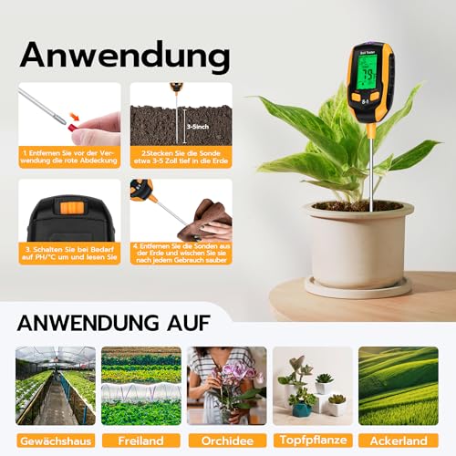 Tolesum 4-in-1 Bodenmessgerät Digital: Bodentester für pH-Wert, Bodenfeuchtigkeit, Temperatur & Sonnenlicht - LCD Bodenfeuchtemessgerät mit Hintergrundbeleuchtung für Garten, Zimmerpflanzen, Rasen