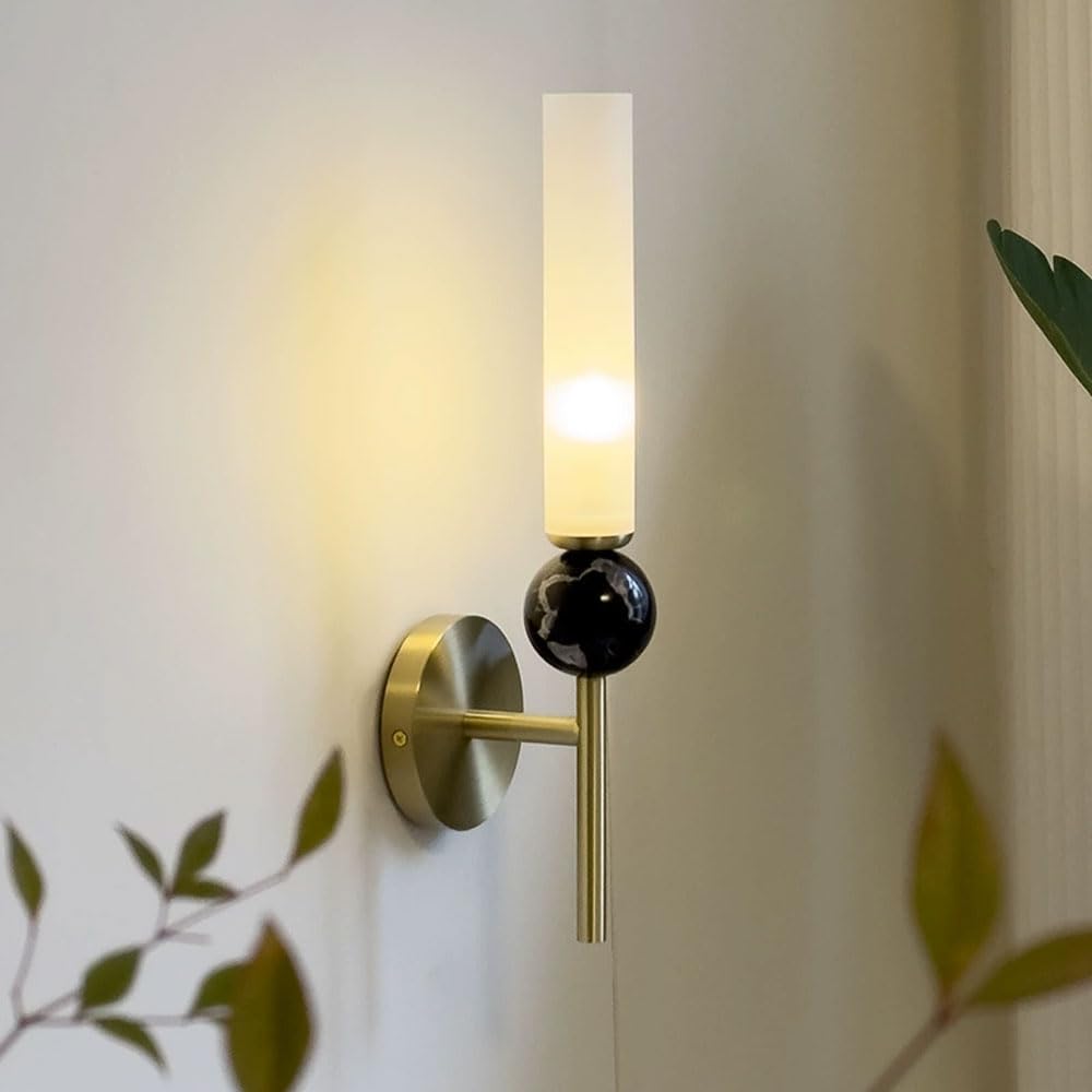 SXECAEPS Brass Wall Lamp Black Marble Sconce Hardwired Light with Acrylic Tube Shade, Vintage Sconces Lighting Bedroom Bedside Lamps Living Room Lights G9 Socket