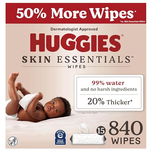 Image of Huggies Skin Essentials Baby Wipes, Hypoallergenic, 99% Water, 15 Flip Top Packs (840 Wipes Total)