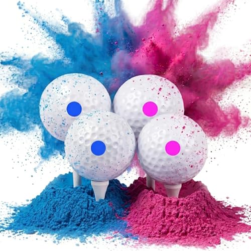 ARELUX Gender Reveal Golf Ball 4 Pack (2 Pink 2 Blue & 4 Wooden Tees) Color Powder Exploding Ball Kit 4 Golfs Full Powder Great Smoke for Baby Boys Girls Gender Reveal Party for Golf Theme