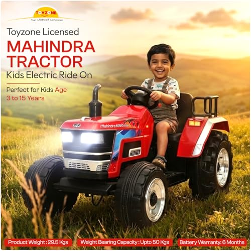 Image of Toyzone Licensed Mahindra Electric Tractor| Rechargeable Ride on with 12V 12AH Battery| LED Lights, MP3 Music-USB, BT, AUX| Smooth Acceleration| 6 M Battery Warranty| for Kids 3-15 Years, Upto 50 kgs
