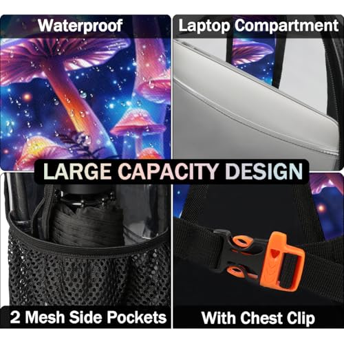 Watercolor Mushroom Clear Backpack Stadium Approved PVC Backpacks for Adults Heavy Duty Clear Bag for Work Security Travel College4