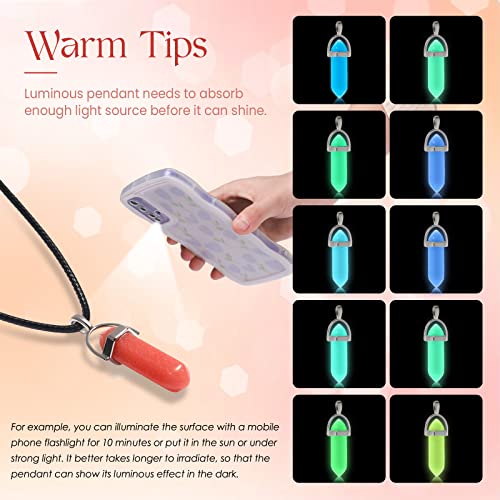 TXIN Glow in the Dark Crystal Pendant Necklaces, Luminous Natural Quartz Stone, Fluorescent Hexagonal Stone, Glowing Moonstone with Black Leather Chain, 10 Colors4