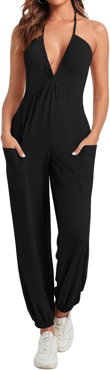 Cicy Bell Women's Sexy Halter Jumpsuits Casual Deep V Nevk Beach Jogger Long Pants Rompers
