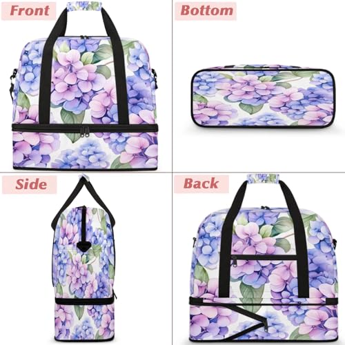 Large Weekender Overnight Bags Travel Duffel Bag for Women Men Watercolor Hydrangea Flower Gym Bags With Shoe Compartment Foldie Travel Tote Bag Carry On Personal Item Bag for Travel Gym Sports3
