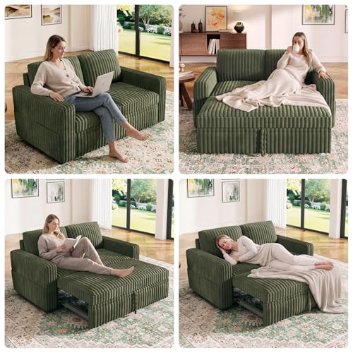 Image of HONBAY Modular Pull Out Sofa Bed,Corduroy Loveseat, Couches for Living Room,Green