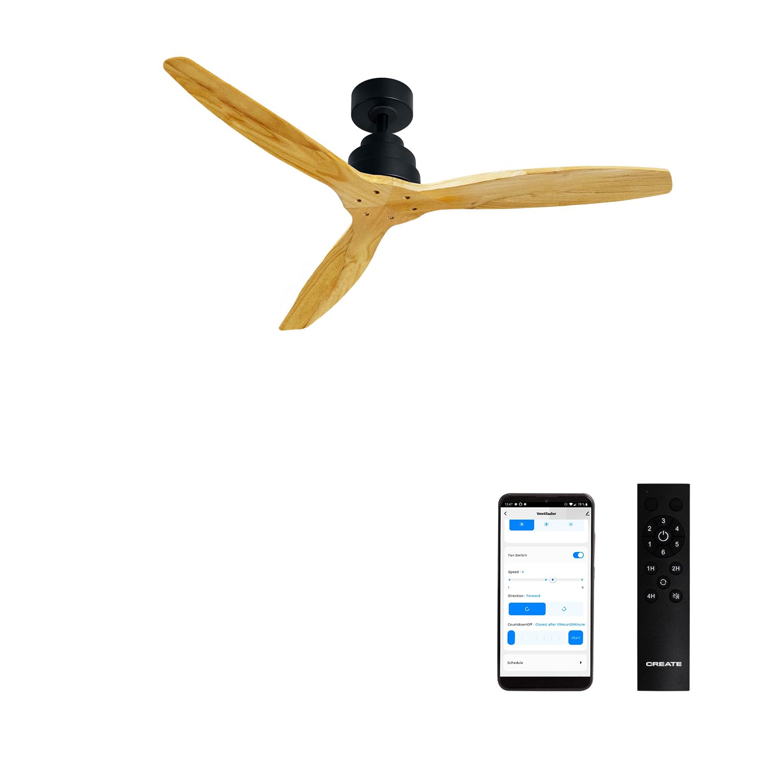 CREATE / WINDSTYLANCE NATURAL WOOD/Ventilador de techo negro aspas madera natural con Wifi y mando / 40W, Silencioso, Ø132 cm, 6 velocidades, temporizador, verano-invierno, doble altura, motor DC