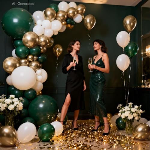 Image of Blocesa Emerald Green White Gold Balloon Arch Kit, Double Stuffed Dark Green Balloons Hunter Forest Green Chrome Gold Pearl White Sand Ivory Balloons for Wedding Birthday jungle Safari Party Decor