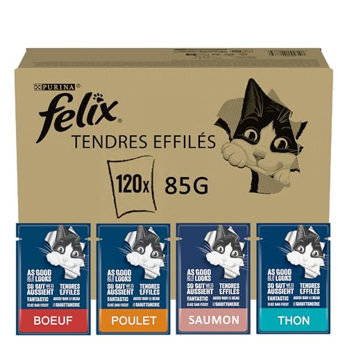 Felix | Tendres Effilés | Aliment Complet pour Chat Adulte| Sélection Mixte : Au Boeuf, Au Poulet, Au Saumon, Au Thon| en Gelée | Portion Individuelle | 120x85g