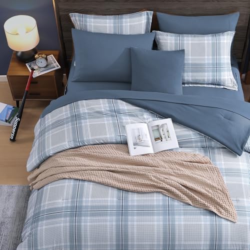 Image of MaiReve Plaid Full Comforter Sets, Light Blue Grid Farmhouse Bedding Set Bed in A Bag, Classic Checkered Comforter Sets with Fitted & Flat Sheet, Pillowcases & Shams(Light Blue, 80 inchx90 inch)