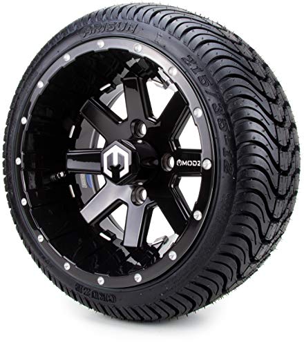 12  MODZ Assault Black Ball Mill Golf Cart Wheels and Low Profile Tires Combo Set of 4