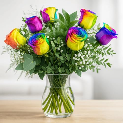 Bunter Blumenstrauß mit 7 Regenbogenrosen und Eukalyptus Zweigen -...