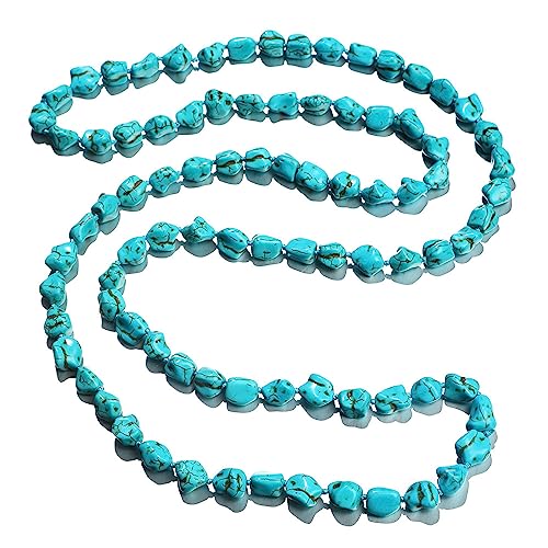 COLORFUL BLING Handmade Turquoise Beaded Strand Endless Necklace Long Knotted Stone Multi-Strand Layer Necklaces Simulated Collar Western Necklace Vintage Jewelry