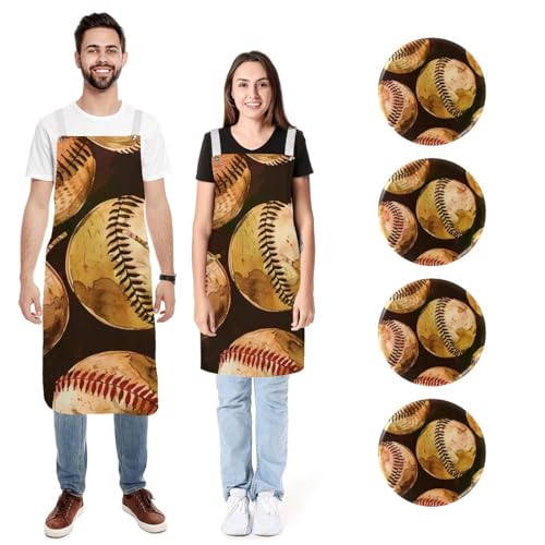 Tabliers de cuisine en lin lot de 2 réglables marron avec poches motif softball pour couple