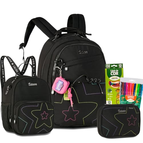 Kit Mochila de Costas Oficial Luluca Escolar Juvenil Menina Grande LU27030 Soft Bolso Antifurto (Preto)