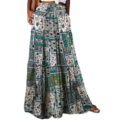 Flowy Tiered Maxi Skirts for Women 2025 Trendy Summer Vacation Boho Floral Skirt Elastic Drawstring A Line Skirt