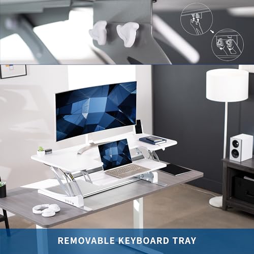 Image of VIVO White 48 inch Standing Desk Converter, DESK-V048VW | Extra Large, Height Adjustable, Stand Up Desk Riser, Wide Keyboard Tray, Dual Monitor and Laptop Workstation, V Series