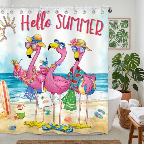 Moutina Funny Flamingo Hello Summer Shower Curtain Tropical Beach Bathroom Decor Shower Curtain Set - 72x72 Inch Waterproof Polyester Fabric with Hooks