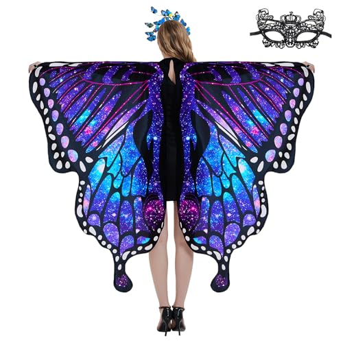 Sevendec Butterfly Wings Womens Halloween Costume Fairy Shawl Adult Soft Fabric Capes with Face Mask for Party Dress Up Cosplay Girls