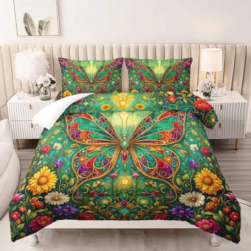 Image of AILONEN Queen Comforter Set 3 Piece, Teal Butterfly Wildflower 3D Printed Bedding with 2 Pillowcases, Soft Lightweight Microfiber Bohemian Decor for Master Suite