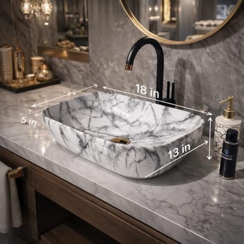 Image of Ceramic Tabletop Wash Basin - Glossy Rectangular Countertop Vessel Sink with Marble Finish for Bathroom & Vanity | Compact 18 x 13 x 5 Inch | Elegant Washbasin