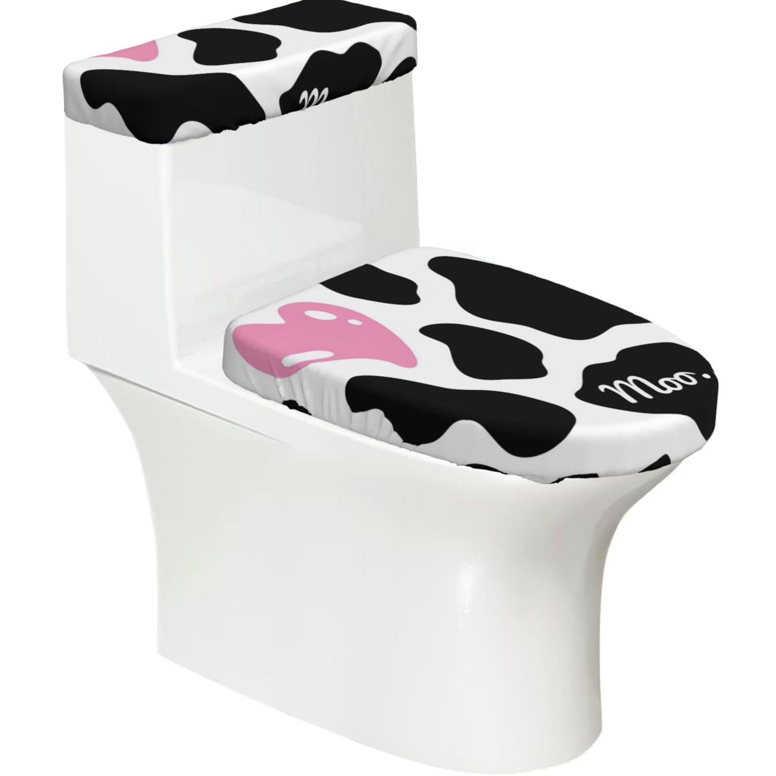 Black White Milk Cow 2-Piece Toilet Seat Cover Set with Tank Lid - Elastic for U-Shape & Elongated - Bathroom Decor