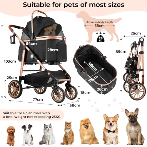 MAMIZO 4 in 1 Hundewagen, Hundebuggy bis 25kg, 4 PCS Gummiräder mit Stoßdämpfung, Faltbar Hund Kinderwagen, Hunde Buggy, Hundebuggy Hunde, Hundebuggy Geländegängig, Katzenwagen (Schwarz)