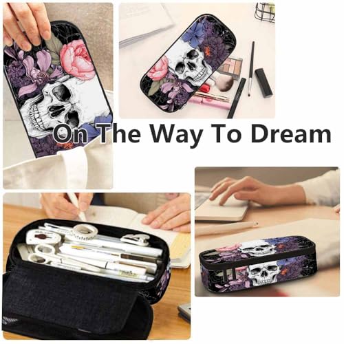 Image of Yekiua Skull Flowers Pen Bag Vintage Day Of The Dead Large Pencil Case Big Capacity Pencil Pouch Pencil Holder White Black