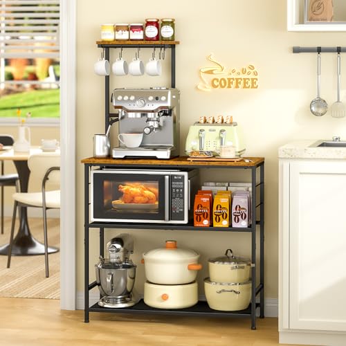 3IngSeagulls Bakers Rack with Storage, Kitchen Microwave Stand with Adjustable shelf and 6 S Hooks,...