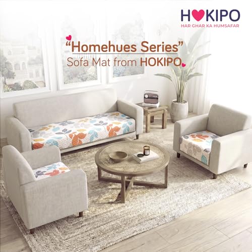 Image of HOKIPO 'Homehues Series' Printed Quilted Sofa Cover Mat for 5 Seater Set - Multicolor Leaves (IN-806 * 2 + IN-809 - D2)