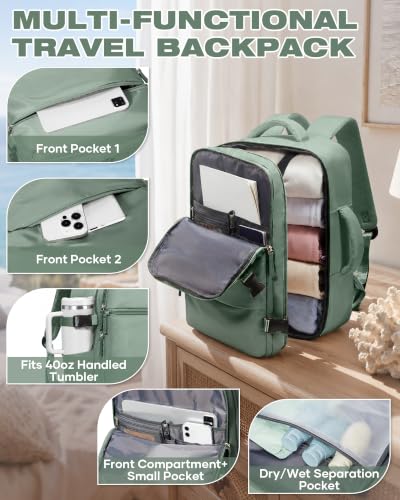 Image of suradar Travel Backpack for Women Men, Carry On Backpack Flight Approved Personal Item Travel Bag Laptop Backpack Waterproof Weekender Essentials Hiking Rucksack Casual Daypack Green