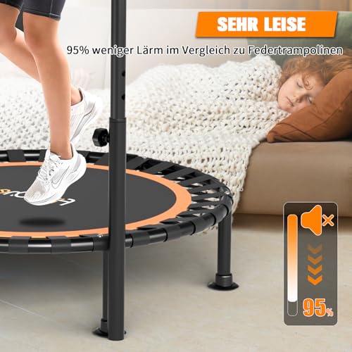 FitinOne 150KG Ø 101CM Faltbares Mini-Trampolin mit Bungee Bänder, 5-Fach Verstellbarer Schaumstoffgriff, Stabiler und leiser Fitness Indoor-Trampolin für Kinder und Erwachsene