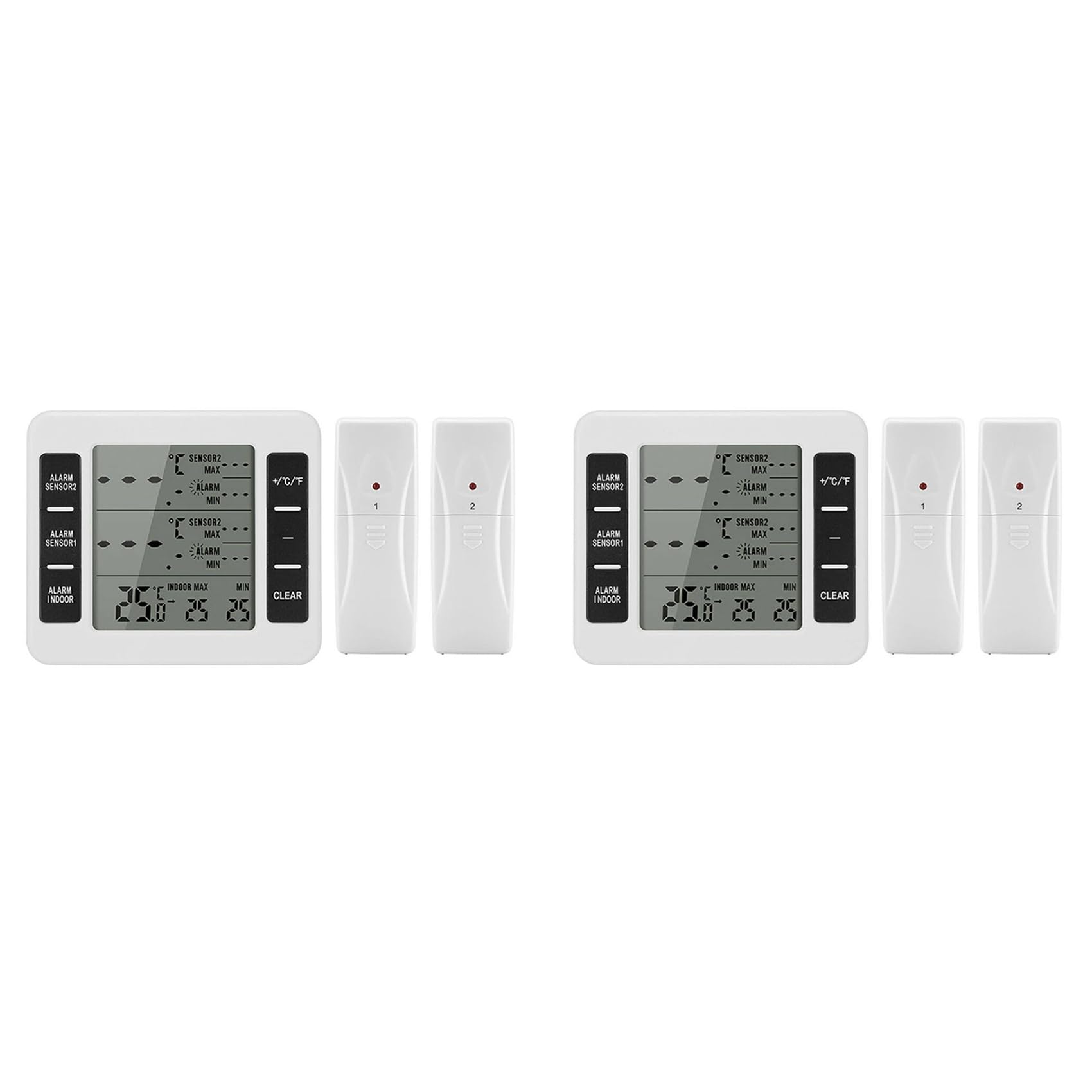 Jnchdghwa White 2Set Wireless Freezer Thermometer 2 Remote Sensors Alarm Low Temperature Refrigerator Thermometer Clock