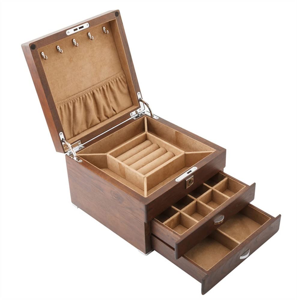 TIANQIHAO Wooden Jewelry Box For Women, Jewelry Organizer Box With Lock, Jewelry Storage Box, Portable Jewelry Case For Necklaces, Earring, Rings, Watches,B