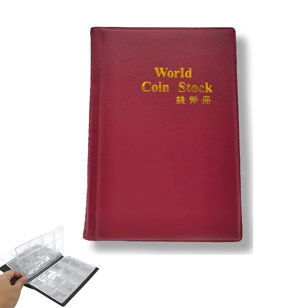 120 Pockets Coin Collection Album, 10 Pages World Coin Stock Book (Wine Red)