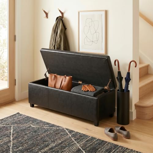 Image of SIMPLIHOME Avalon 48 inch Wide Vegan Leather Storage Ottoman in Black