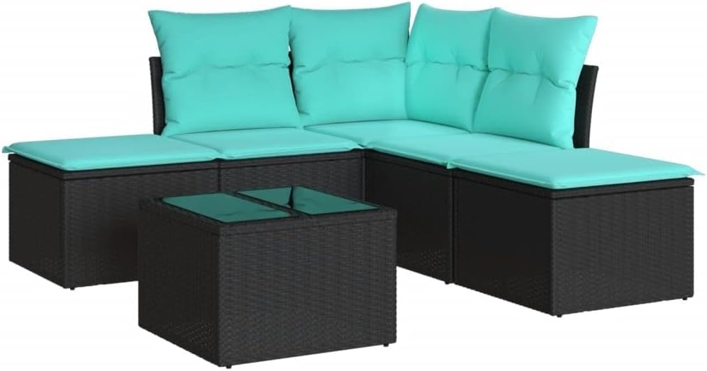 6 Piece Patio Furniture Set Outdoor with Cushions Black PE Rattan Modular Sofa Ottoman Glass Table Storage Bags Conversation Sets for Backyard Porch Garden